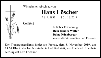 Traueranzeige von Hans Löscher von Neustadt/ Scheinfeld/ Uffenheim