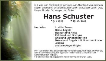 Traueranzeige von Hans Schuster von Ansbach