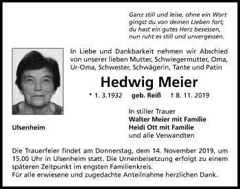 Traueranzeige von Hedwig Meier von Neustadt/ Scheinfeld/ Uffenheim