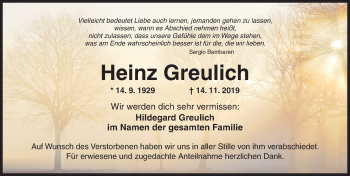 Traueranzeige von Heinz Greulich von Ansbach