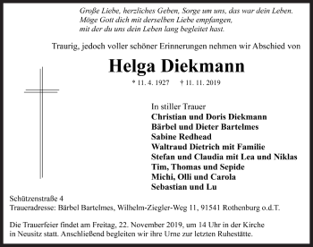 Traueranzeige von Helga Diekmann von Rothenburg