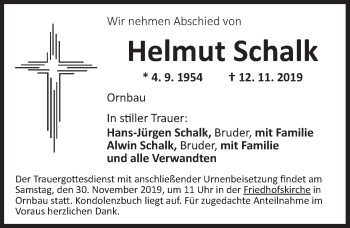 Traueranzeige von Helmut Schalk von Ansbach