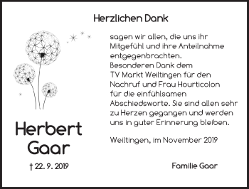 Traueranzeige von Herbert Gaar von Dinkelsbühl/ Feuchtwangen