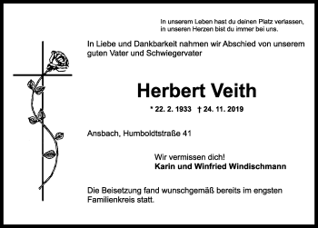 Traueranzeige von Herbert Veith von Ansbach