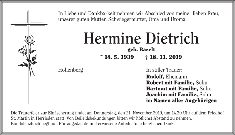  Traueranzeige für Hermine Dietrich vom 20.11.2019 aus Ansbach