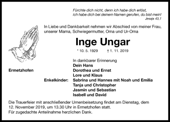 Traueranzeige von Inge Ungar von Neustadt/ Scheinfeld/ Uffenheim