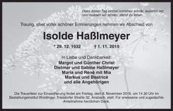 Traueranzeige von Isolde Haßlmeyer von Ansbach