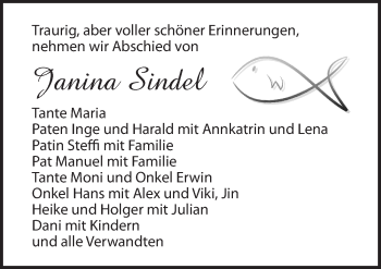 Traueranzeige von Janina Sindel von Dinkelsbühl/ Feuchtwangen