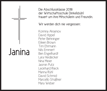 Traueranzeige von Janina Sindel von Dinkelsbühl/ Feuchtwangen