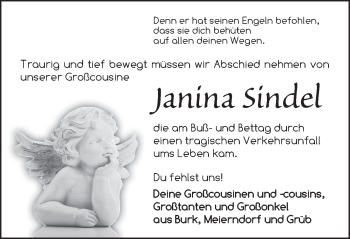 Traueranzeige von Janina Sindel von Dinkelsbühl/ Feuchtwangen