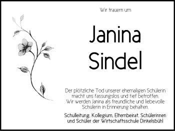 Traueranzeige von Janina Sindel von Dinkelsbühl/ Feuchtwangen