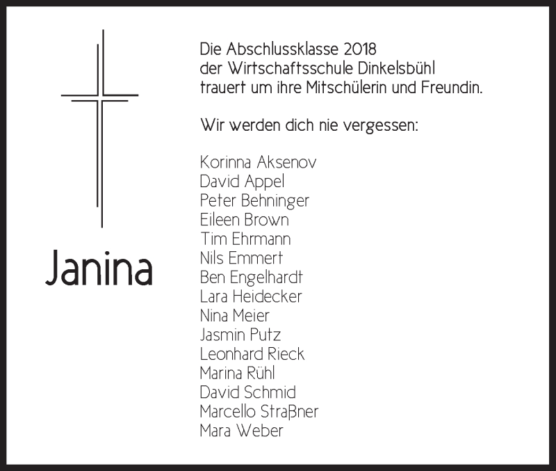  Traueranzeige für Janina Sindel vom 28.11.2019 aus Dinkelsbühl/ Feuchtwangen