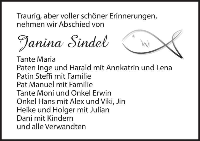  Traueranzeige für Janina Sindel vom 28.11.2019 aus Dinkelsbühl/ Feuchtwangen