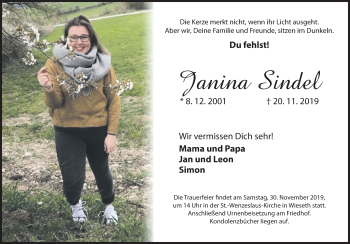 Traueranzeige von Janina Sindel von Dinkelsbühl/ Feuchtwangen