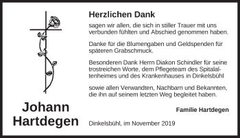 Traueranzeige von Johann Hartdegen von Dinkelsbühl/ Feuchtwangen