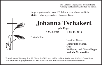 Traueranzeige von Johanna Tschakert von Ansbach