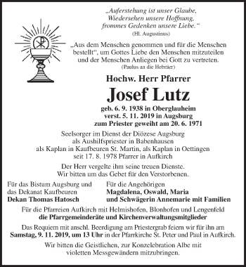 Traueranzeige von Josef Lutz von Dinkelsbühl/ Feuchtwangen