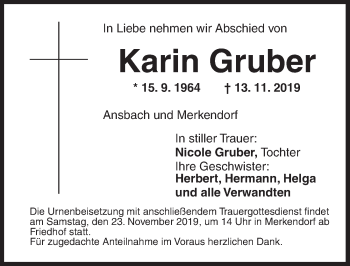 Traueranzeige von Karin Gruber von Ansbach