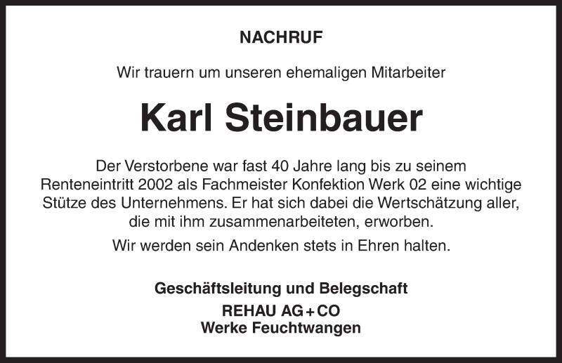  Traueranzeige für Karl Steinbauer vom 13.11.2019 aus Dinkelsbühl/ Feuchtwangen