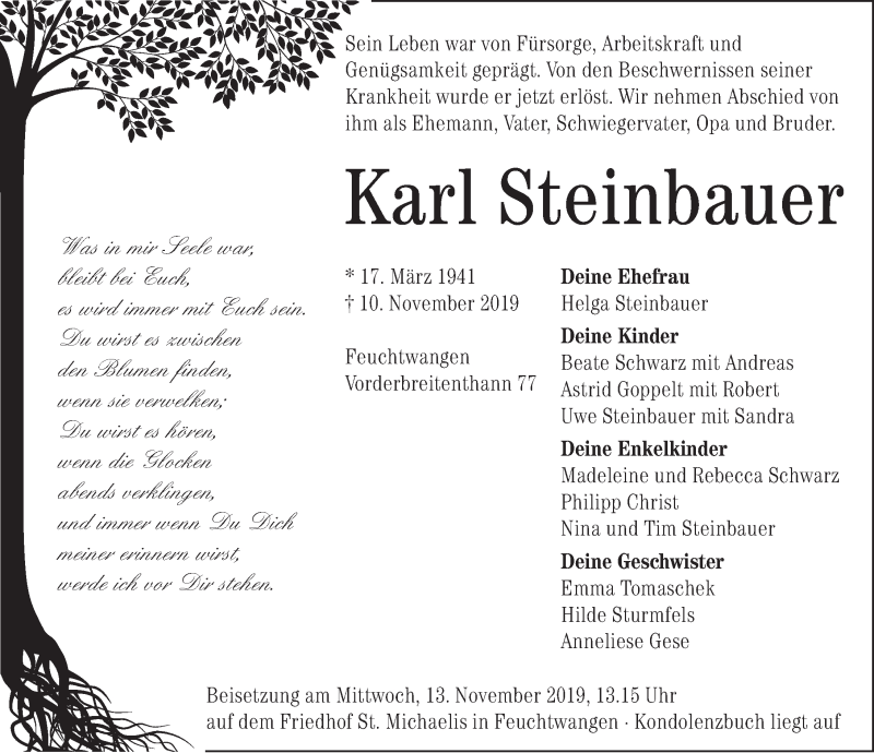  Traueranzeige für Karl Steinbauer vom 12.11.2019 aus Dinkelsbühl/ Feuchtwangen