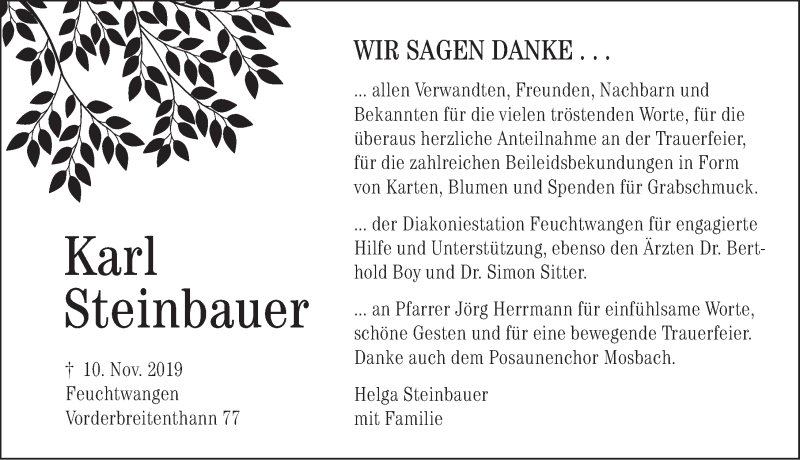  Traueranzeige für Karl Steinbauer vom 30.11.2019 aus Dinkelsbühl/ Feuchtwangen