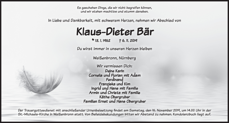  Traueranzeige für Klaus-Dieter Bär vom 11.11.2019 aus Ansbach