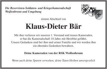 Traueranzeige von Klaus-Dieter Bär von Ansbach