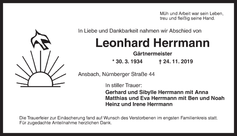 Traueranzeige für Leonhard Herrmann vom 30.11.2019 aus Ansbach
