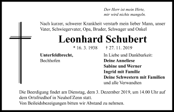 Traueranzeige von Leonhard Schubert von Neustadt/ Scheinfeld/ Uffenheim