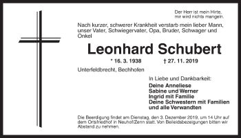 Traueranzeige von Leonhard Schubert von Ansbach
