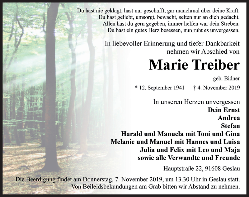  Traueranzeige für MArie Treiber vom 07.11.2019 aus Ansbach