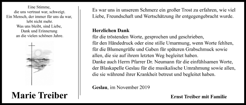  Traueranzeige für MArie Treiber vom 23.11.2019 aus Rothenburg