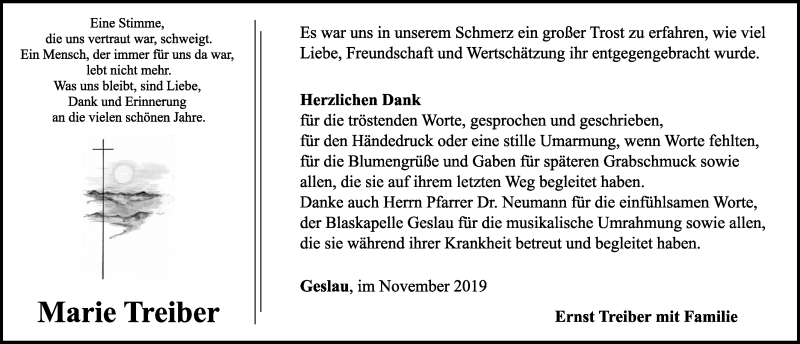  Traueranzeige für MArie Treiber vom 23.11.2019 aus Ansbach