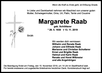 Traueranzeige von Margarete Raab von Ansbach