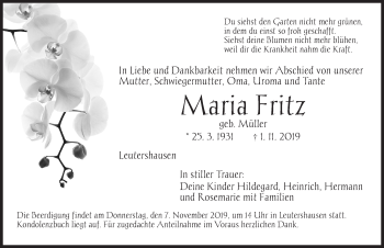 Traueranzeige von Maria Fritz von Ansbach