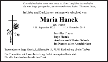 Traueranzeige von Maria Hanek von Rothenburg