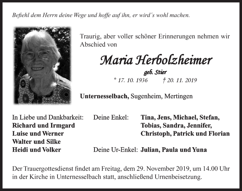  Traueranzeige für Maria Herbolzheimer vom 26.11.2019 aus Neustadt/ Scheinfeld/ Uffenheim