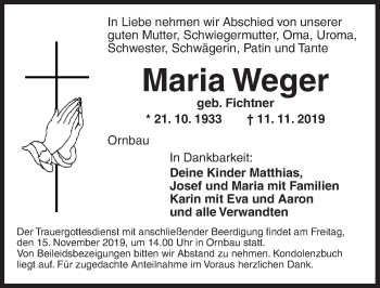 Traueranzeige von Maria Weger von Ansbach