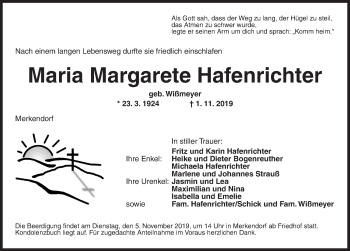 Traueranzeige von Maria Margarete Hafenrichter von Ansbach