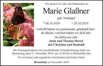 Traueranzeige von Marie Glaßner von Neustadt/ Scheinfeld/ Uffenheim