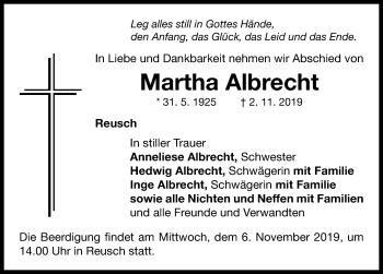 Traueranzeige von Martha Albrecht von Neustadt/ Scheinfeld/ Uffenheim