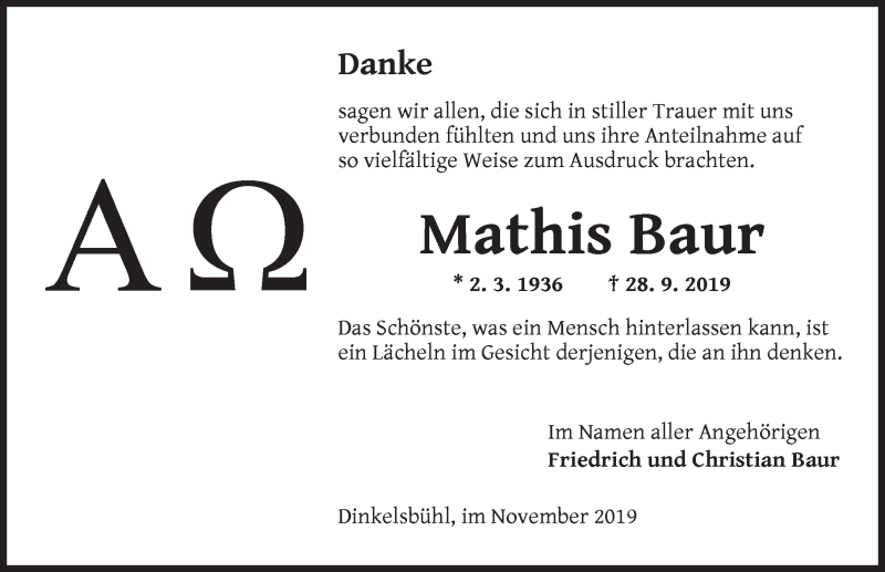  Traueranzeige für Mathis Baur vom 07.11.2019 aus Dinkelsbühl/ Feuchtwangen