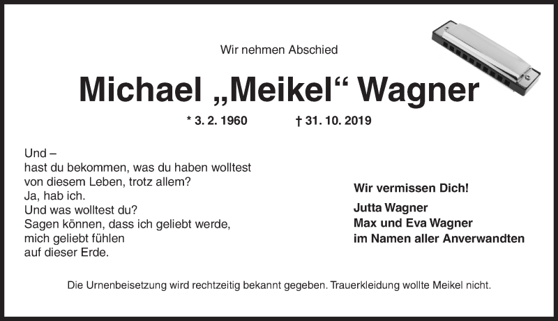  Traueranzeige für Michael Wagner vom 04.11.2019 aus Ansbach