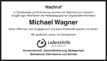 Traueranzeige von Michael Wagner von Ansbach