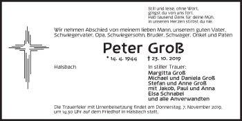 Traueranzeige von Peter Groß von Dinkelsbühl/ Feuchtwangen