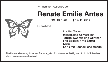 Traueranzeige von Renate Emilie Antes von Dinkelsbühl/ Feuchtwangen