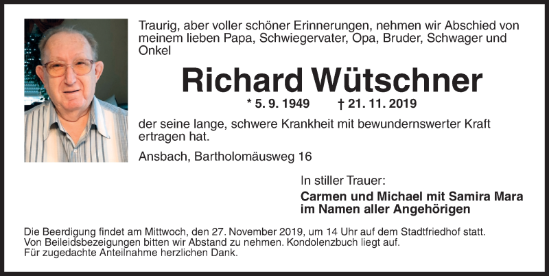  Traueranzeige für Richard Wütschner vom 23.11.2019 aus Ansbach