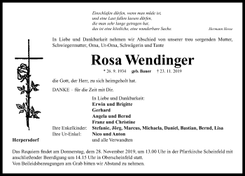 Traueranzeige von Rosa Wendinger von Neustadt/ Scheinfeld/ Uffenheim