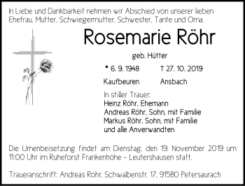 Traueranzeige von Rosemarie Röhr von Neustadt/ Scheinfeld/ Uffenheim