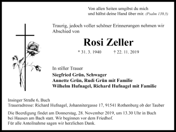 Traueranzeige von Rosi Zeller von Rothenburg